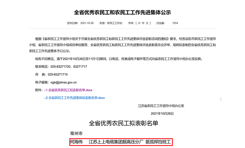 ag亚娱集团电缆员工何海伟荣获“江苏省优异农民工”称呼