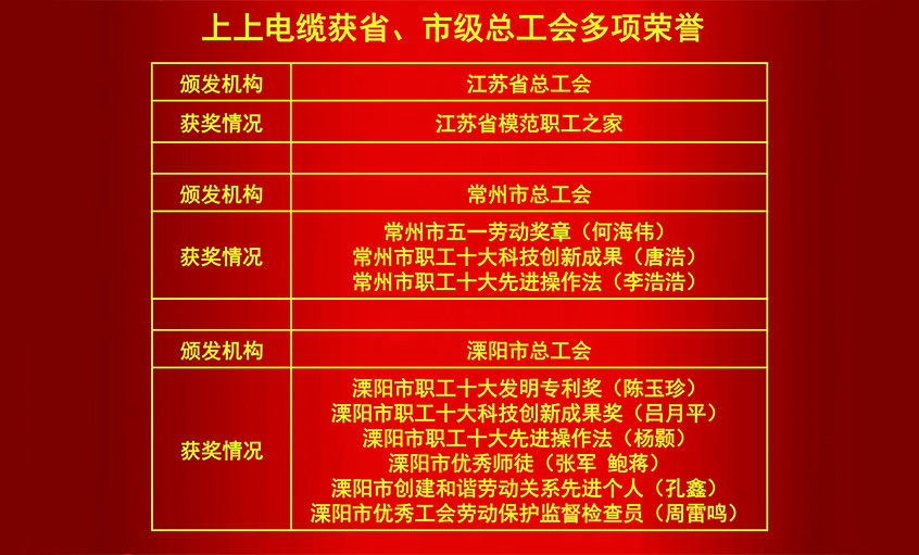 ag亚娱集团电缆获省、市级总工会多项声誉